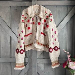 Free People Cream and Red Patterned Cardigan